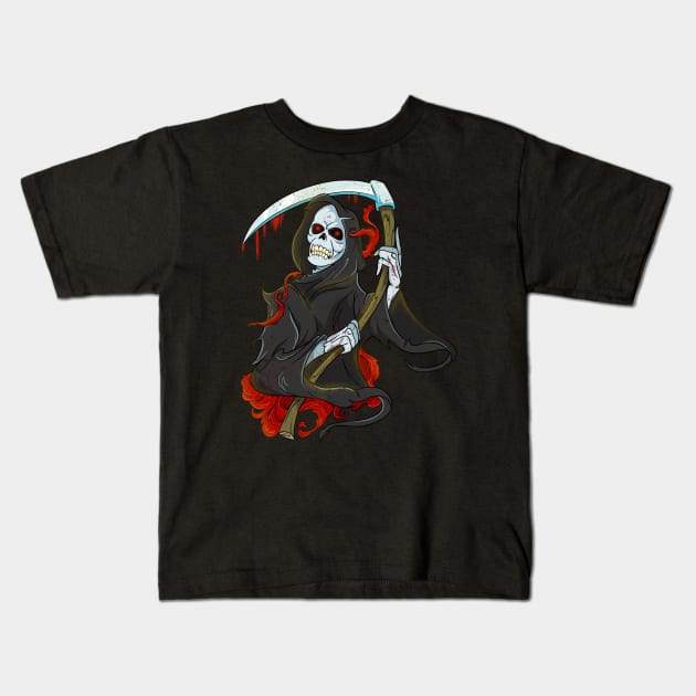 Funny Grim Reaper Skeleton Skull Kids T-Shirt by Trendy Black Sheep